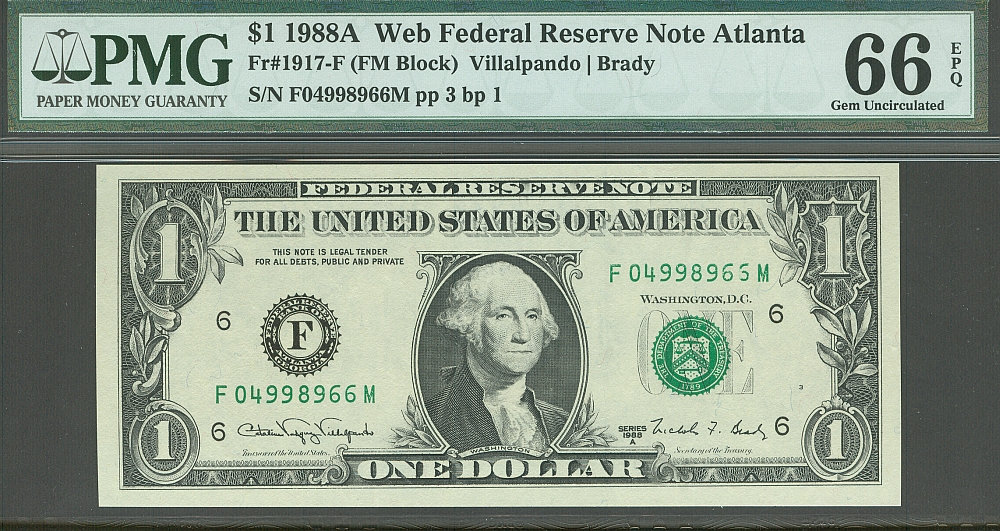 Fr.1917-F, 1988A $1 Web Note - F-M Block, Plate 3/1, GemCU, PMG66-EPQ